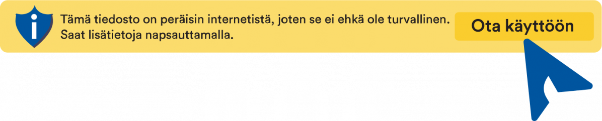 Esimerkki Exceliin suojausvaroituksesta.