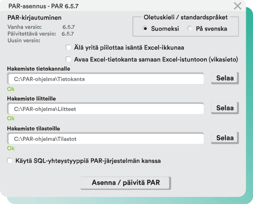 Par-asennusikkuna, jossa hakemistot tietokannoille, liitteille ja tilastoille valitaan. 