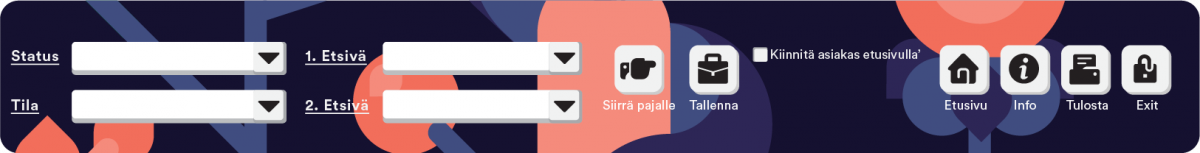 Asiakassivun ylälaidassa olevat ohjaustietovalinnat.