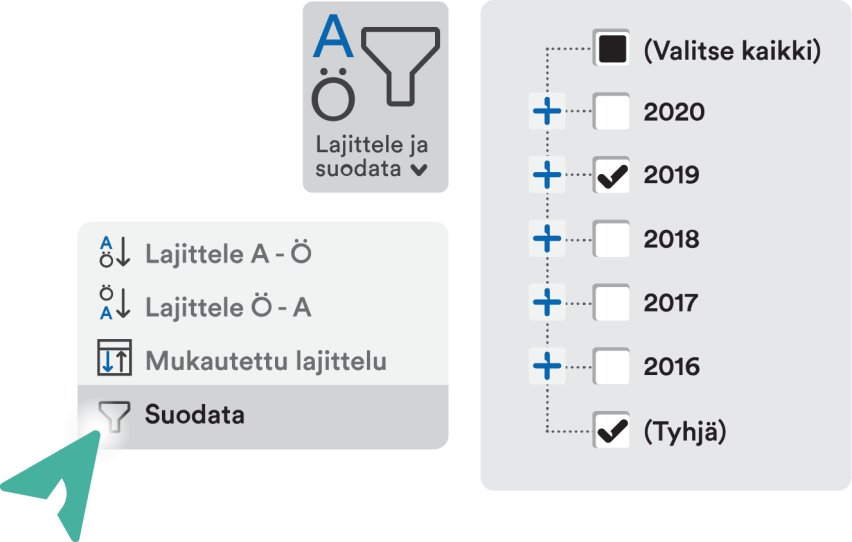 Esimerkkivalinta, jossa vuosiluku 2019 sekä valintaruutu Tyhjä ovat valittuina.